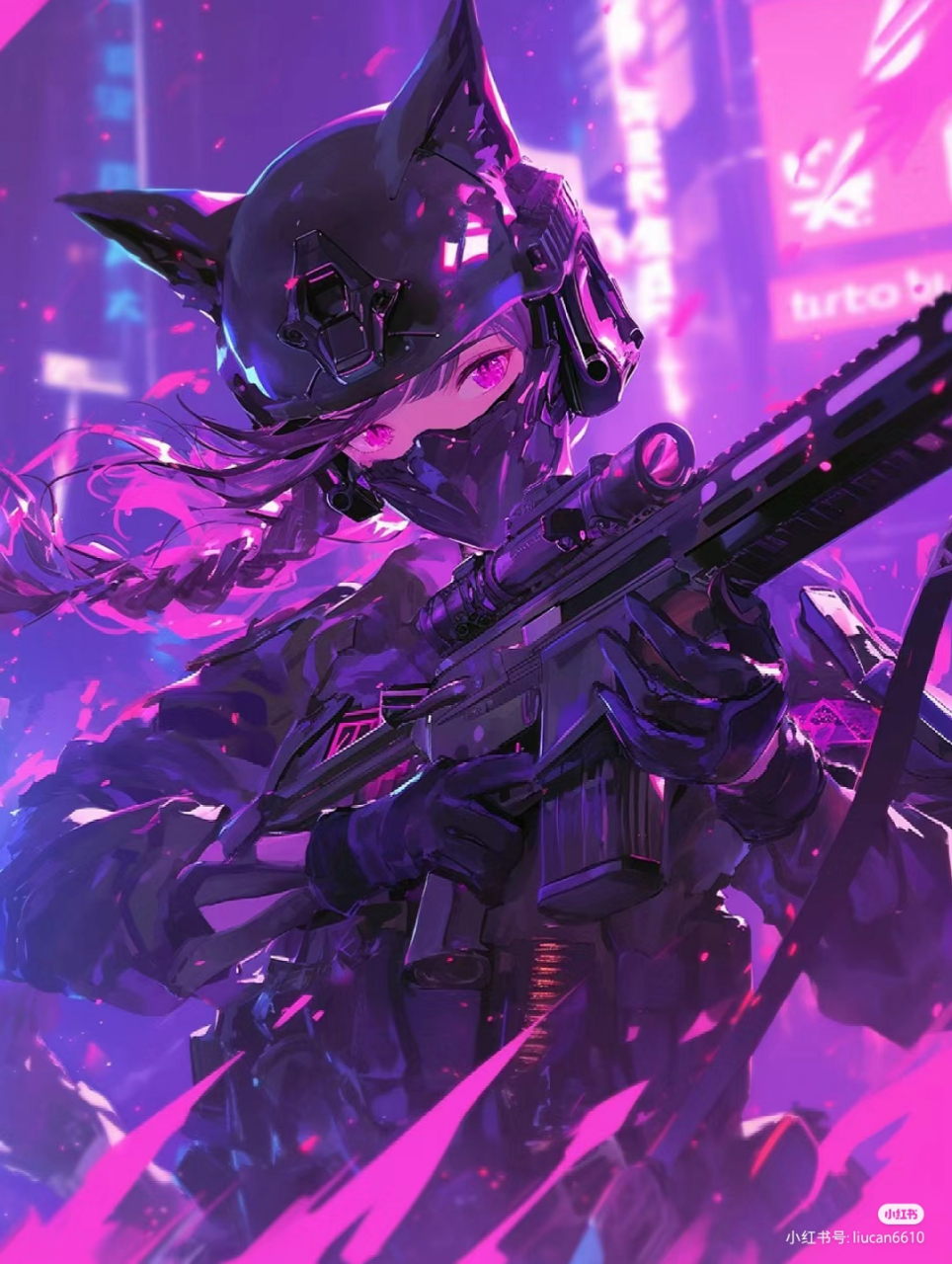 夜幕下的紫黑色狐耳女战士