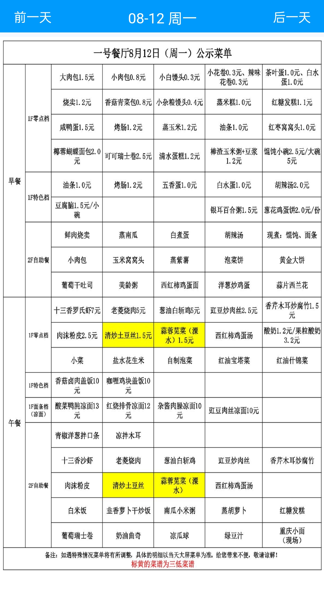 江苏南京某大型国企电力系统企业内部餐厅周一到周五菜谱一览表!