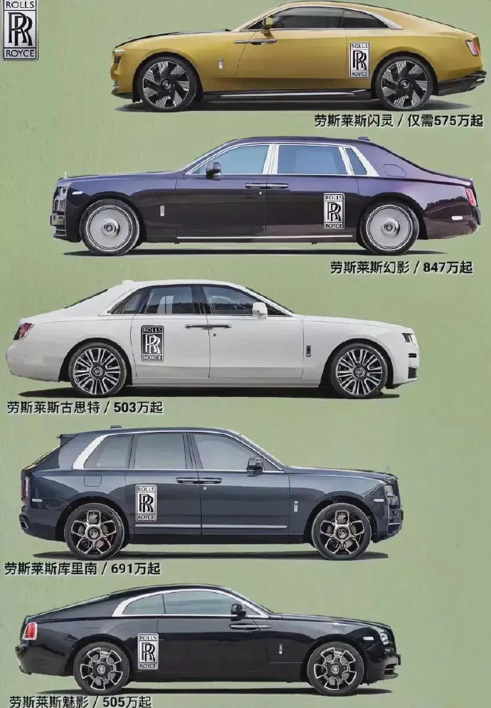 谁才是劳斯莱斯老大 1,闪灵 2,幻影 3,古思特 4,库里南 5,魅影 67