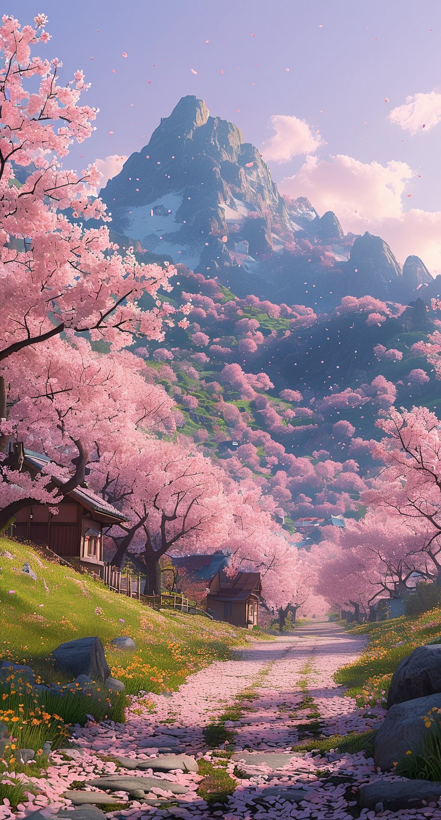 山谷里绽放着无数樱花,宛如一片粉色的海洋