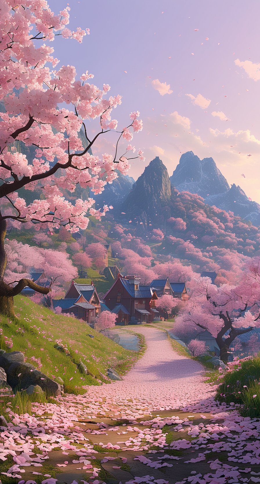 山谷里绽放着无数樱花,宛如一片粉色的海洋