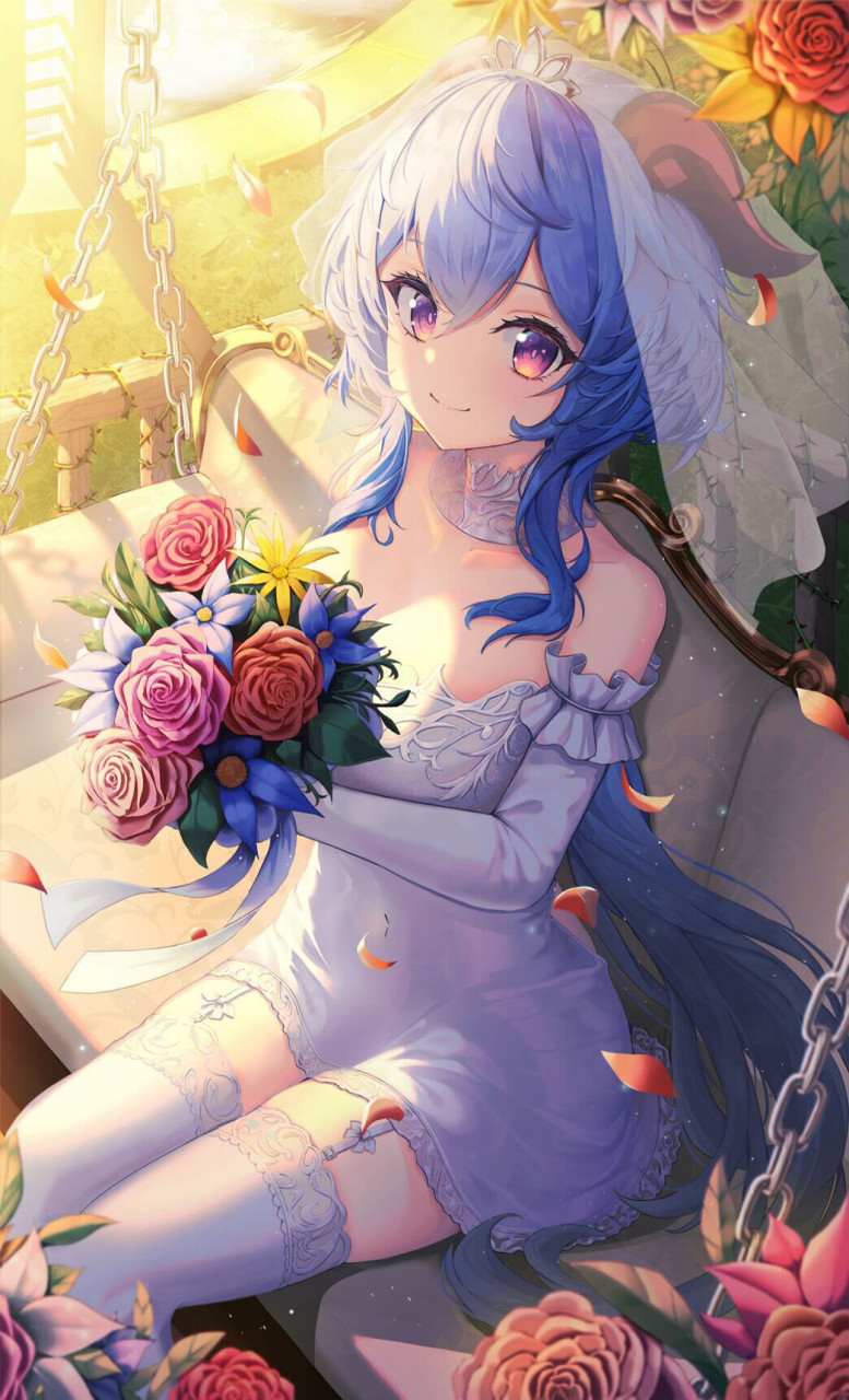 洁白的婚纱 手捧着鲜花#二次元