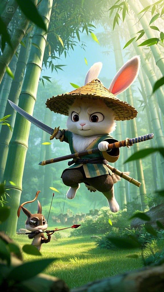 "竹林深处,萌兔剑士英姿飒爽,一跃而起,剑锋所指,竟是小巧的自己,手中