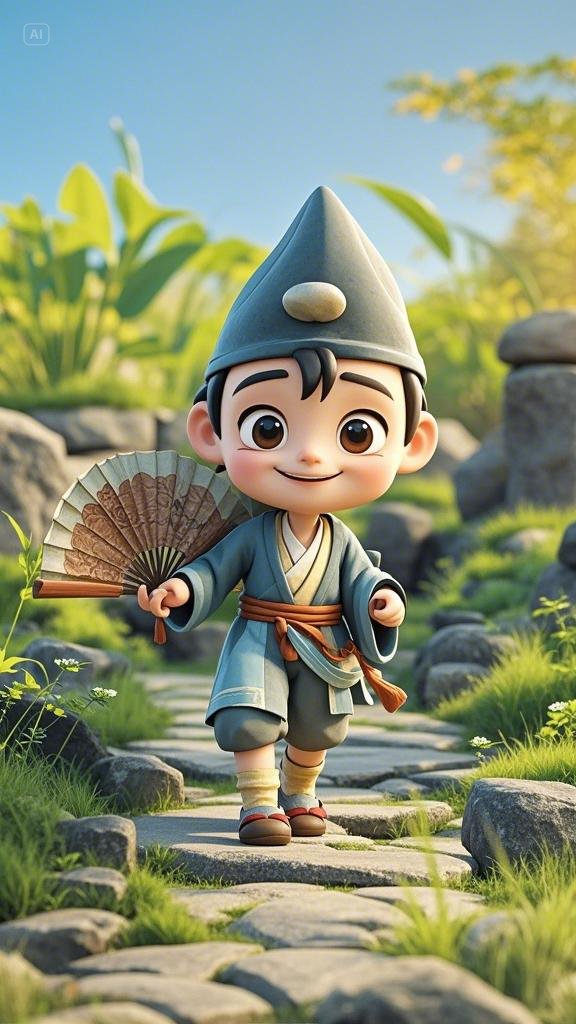 这小和尚,古风古韵,手持扇子,漫步石径,好一幅岁月静好的画面