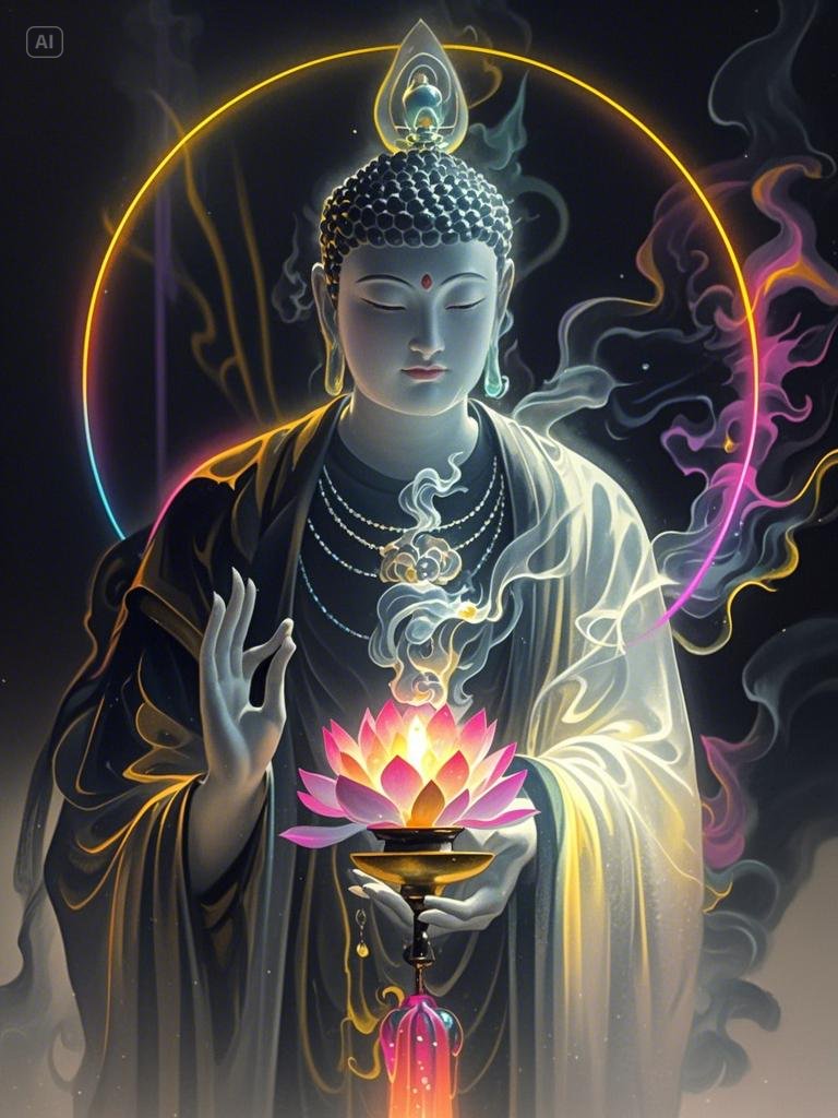 这幅画中的佛像手持莲花,散发出宁静而祥和的气息,让人心生敬仰