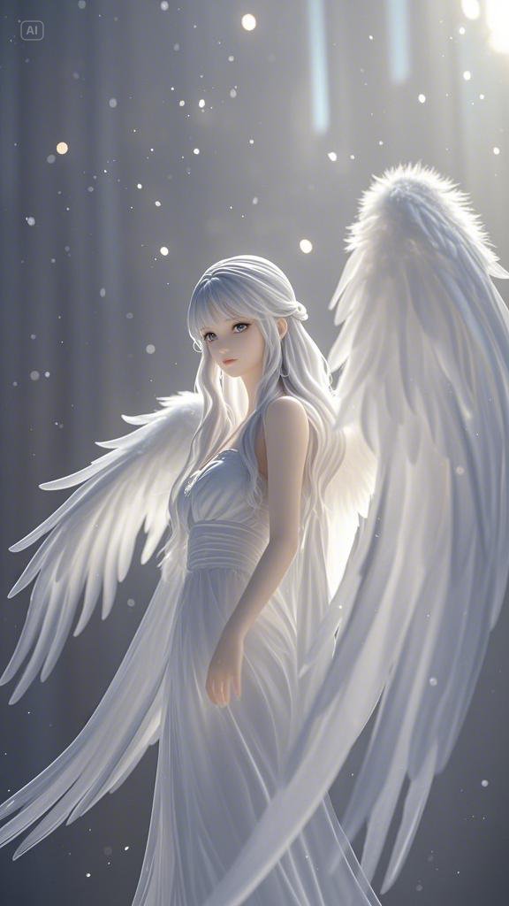 她带着翅膀,静静地站在那里,仿佛整个世界都消失了,只剩下她一个人