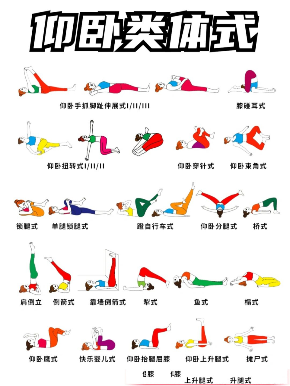 瑜伽:坐立,站立,支撑,仰卧,俯卧,体式