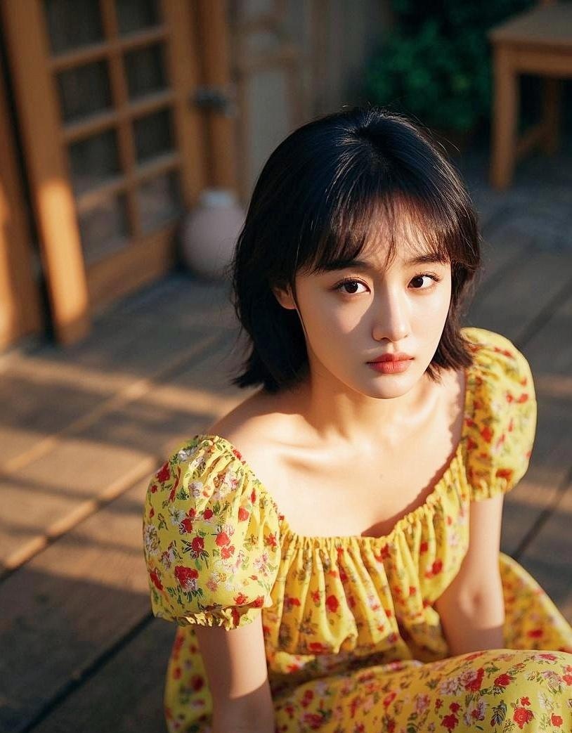 黄底碎花衣衫,似把春光裁剪, 眉眼盈盈,藏着诗意无限