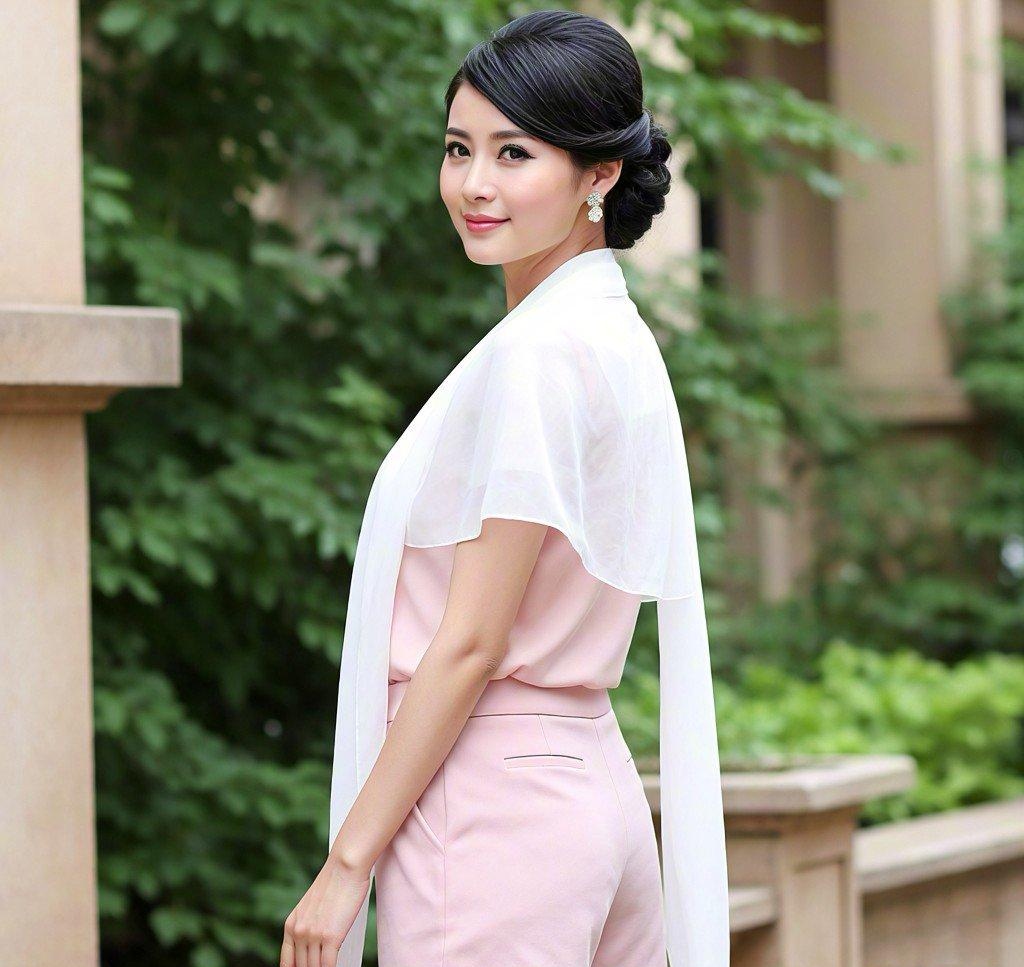 白纱轻披,如云朵悠然舒展. 发髻高挽,尽显优雅风范