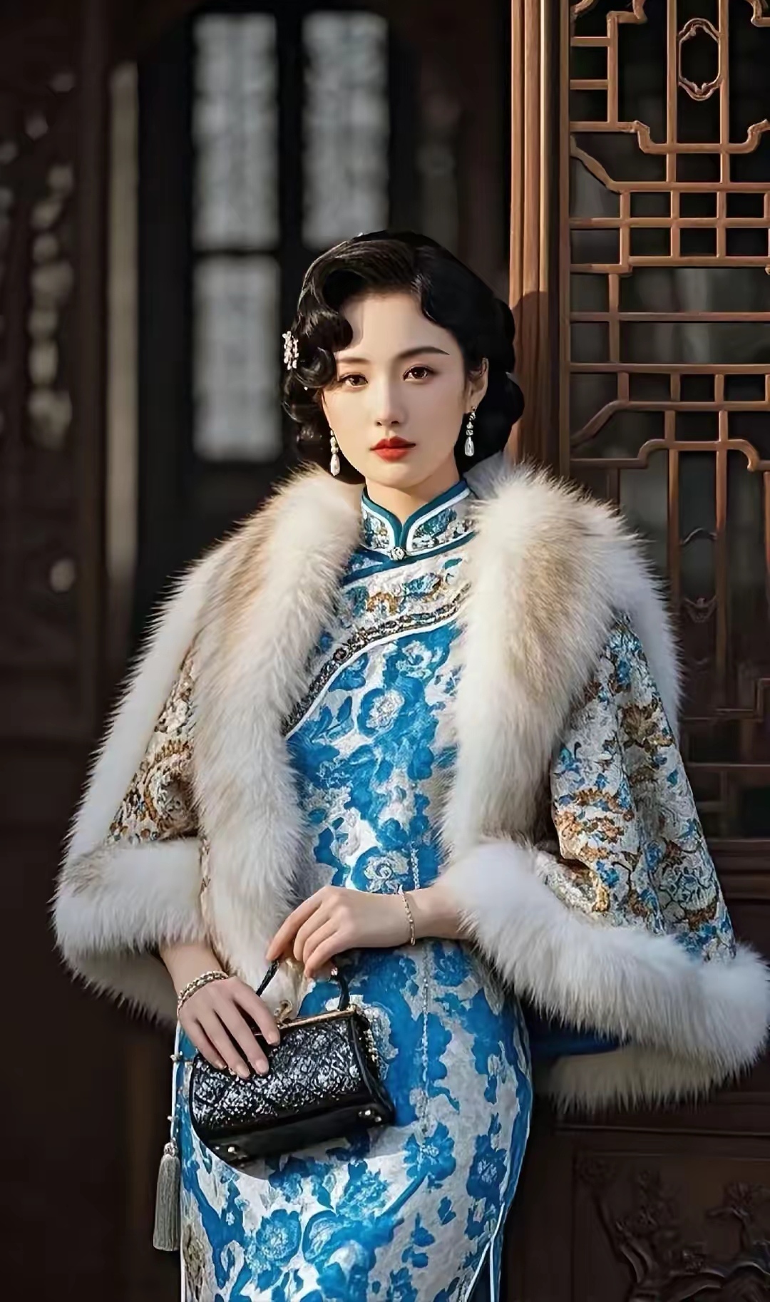 画面中的女子身着具有民国风格的服饰