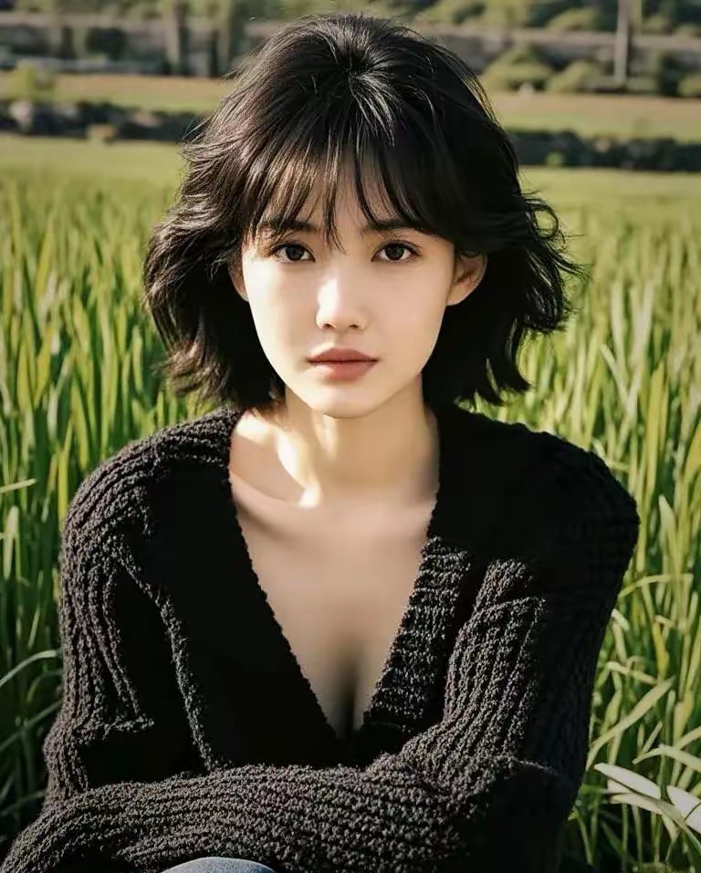 微风吹拂着她的头发,显得随性自然