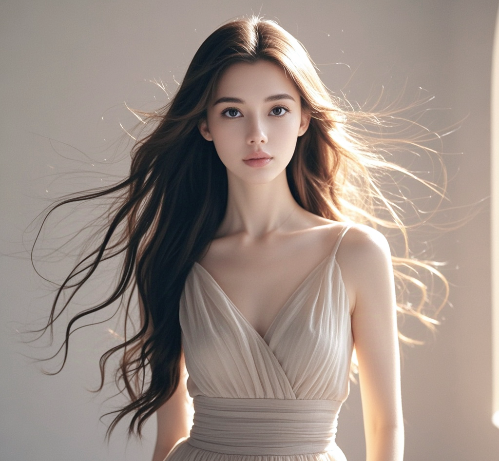 她有着如瀑布般柔顺的黑色长发,轻轻拂过纤细的肩头,散发着迷人的光泽