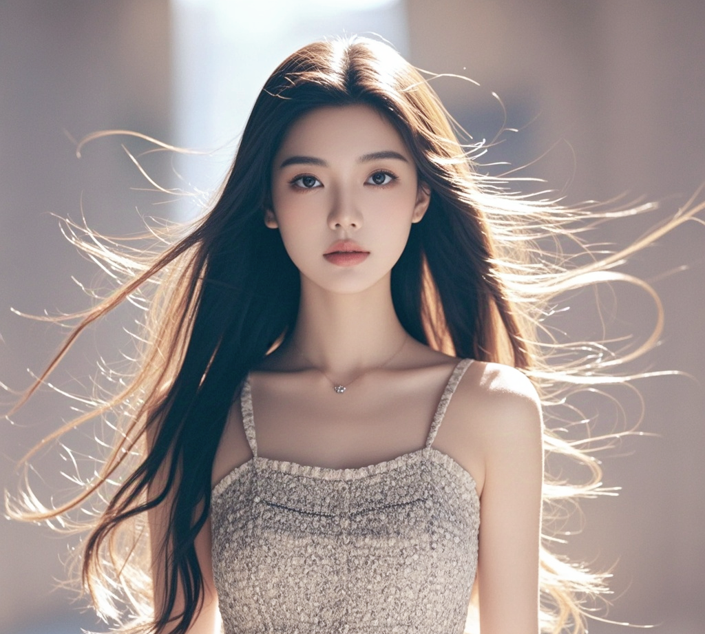 她有着如瀑布般柔顺的黑色长发,轻轻拂过纤细的肩头,散发着迷人的光泽
