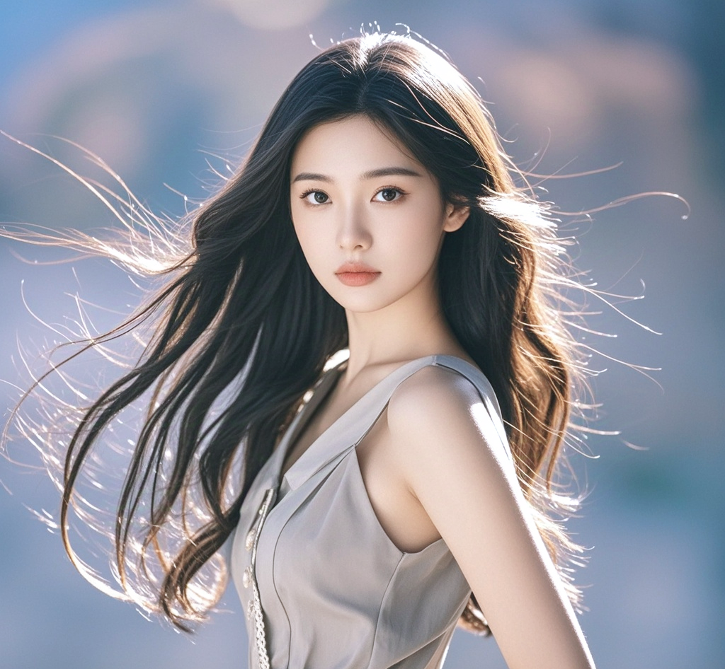 她有着如瀑布般柔顺的黑色长发,轻轻拂过纤细的肩头,散发着迷人的光泽