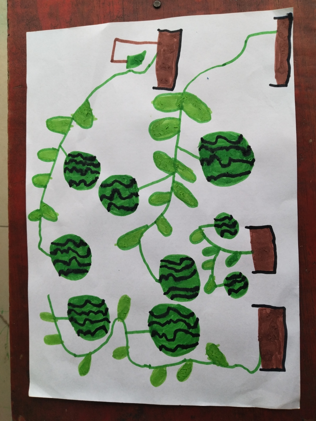 看这幅画,好有趣哦! 有好多圆圆的西瓜,绿色的皮上还有黑色的条纹呢!