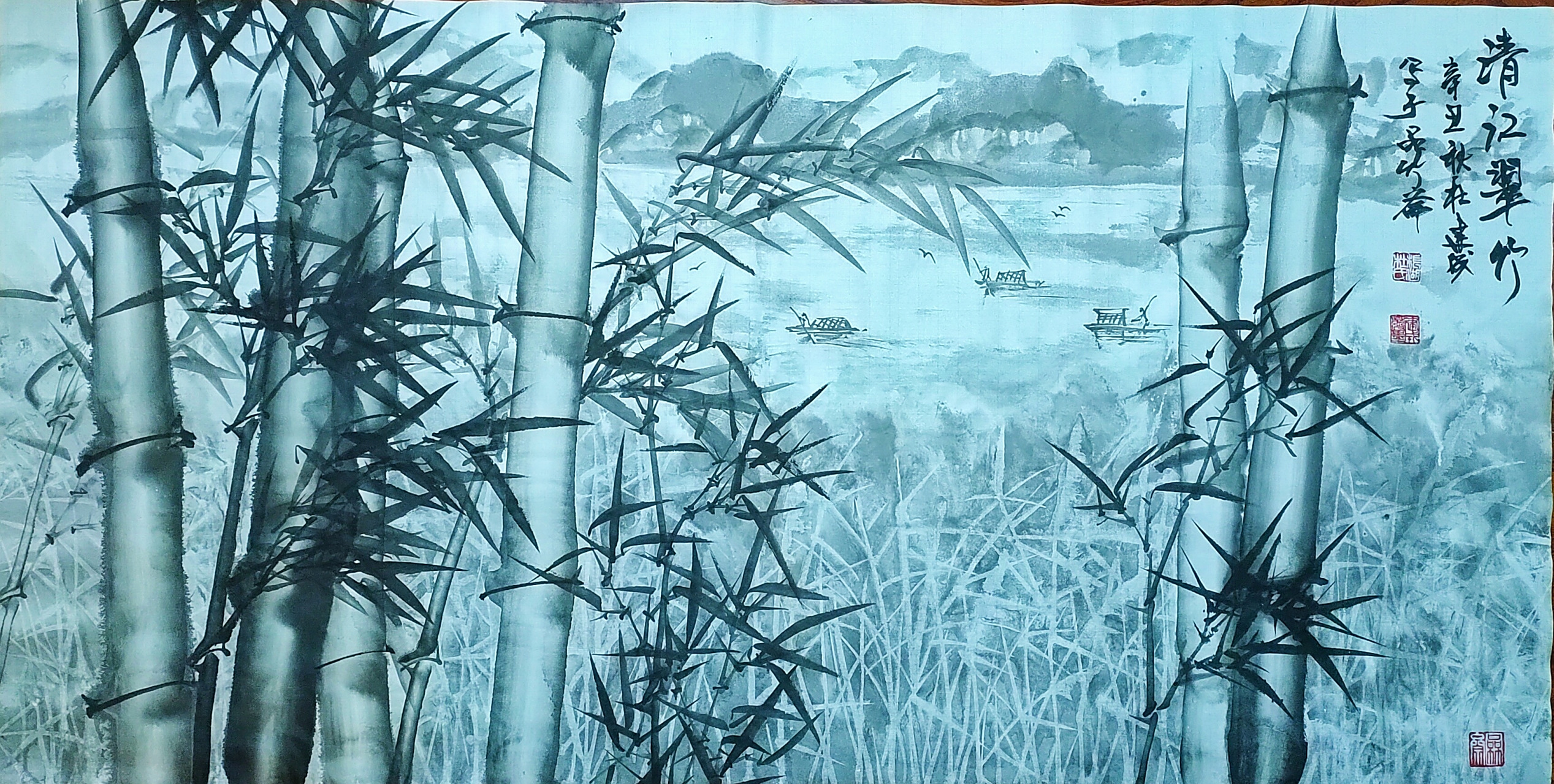 四尺横幅竹画《清江翠竹》,远山,云雾缭绕连绵起伏紫气东来;江水