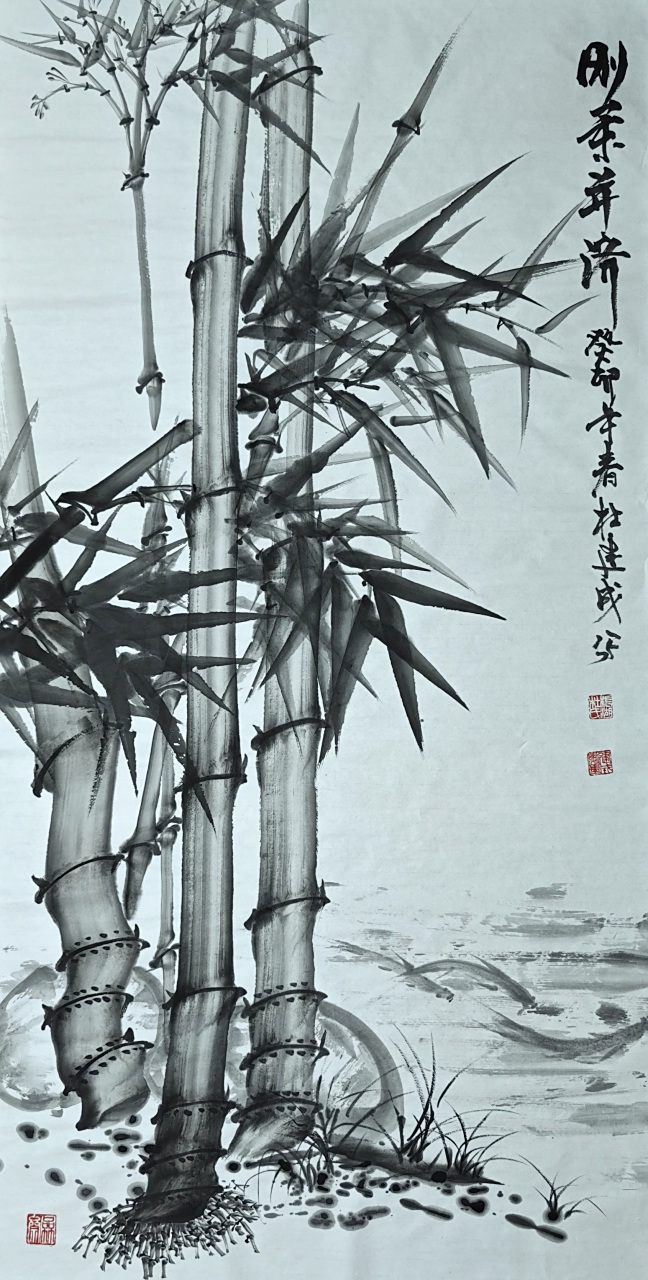 竹画《刚柔并济》,表现一种错落有致的画面,探究一种生动有趣的意境