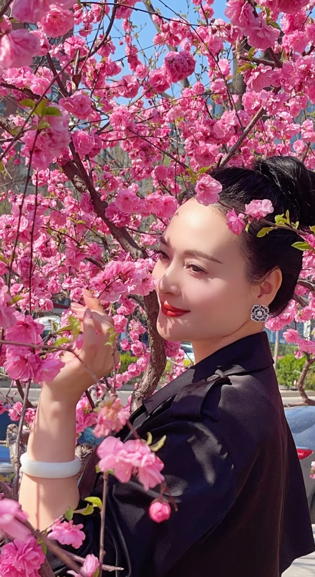 这绝美的景色让人浮想联翩,"桃花嫣红,映照着佳人的脸颊,恰似是春风中