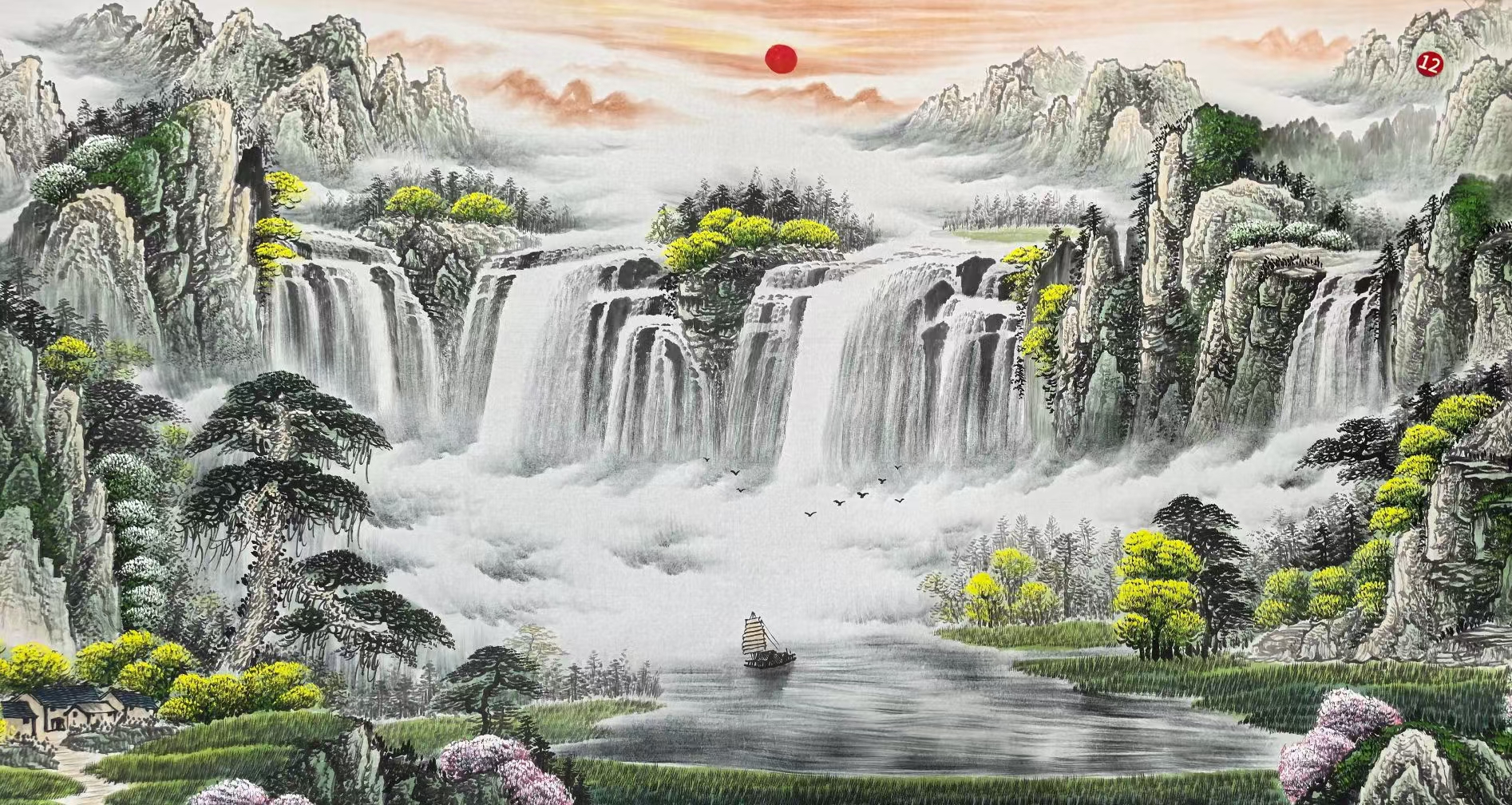 国画精品美了,瀑布飞流直下,湖面波光粼粼,仙境之中.#动态连更挑战