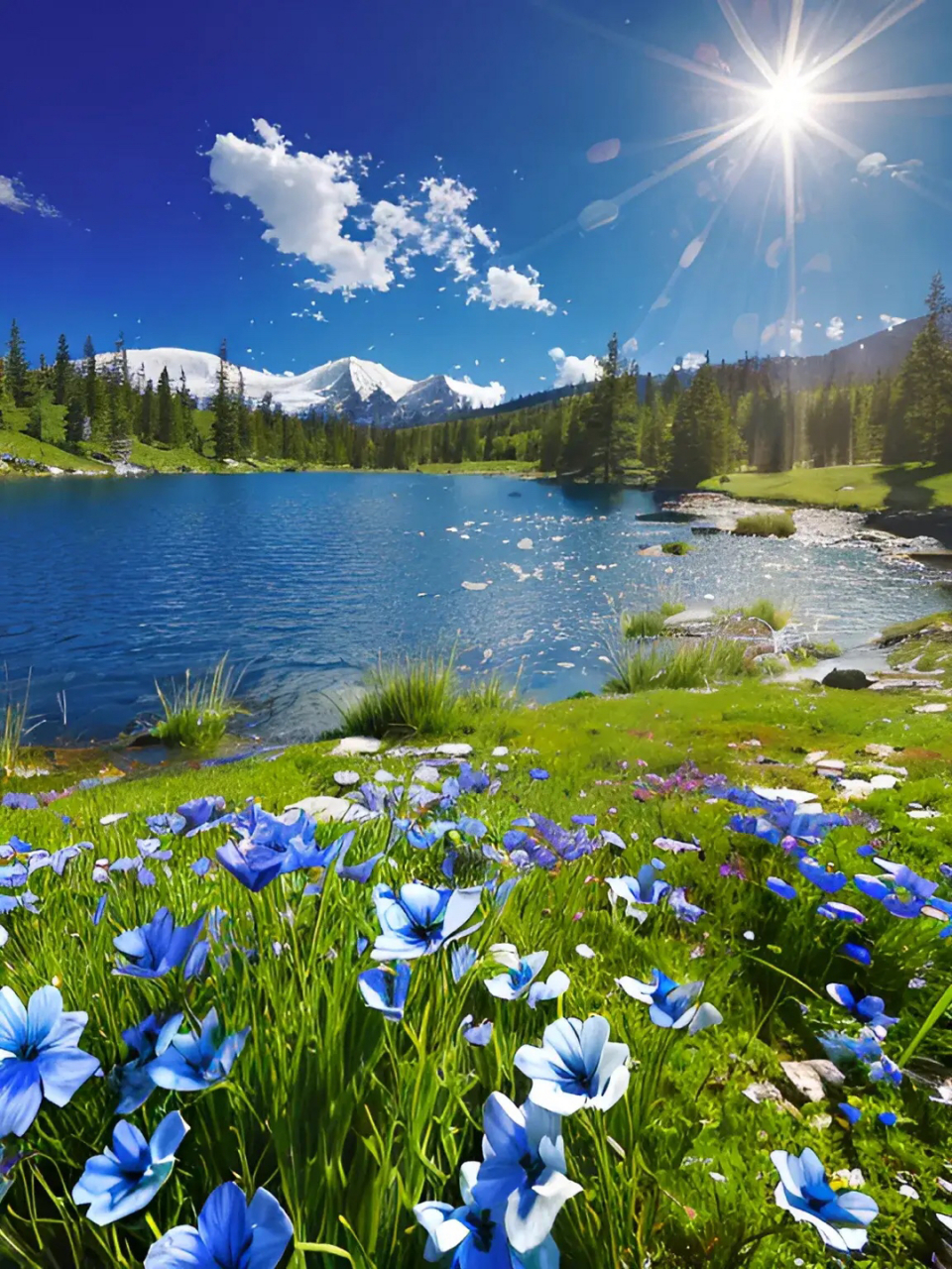 在一片蓝天之下,阳光洒落在大地上,照在宁静的湖面上,仿佛把整个世界