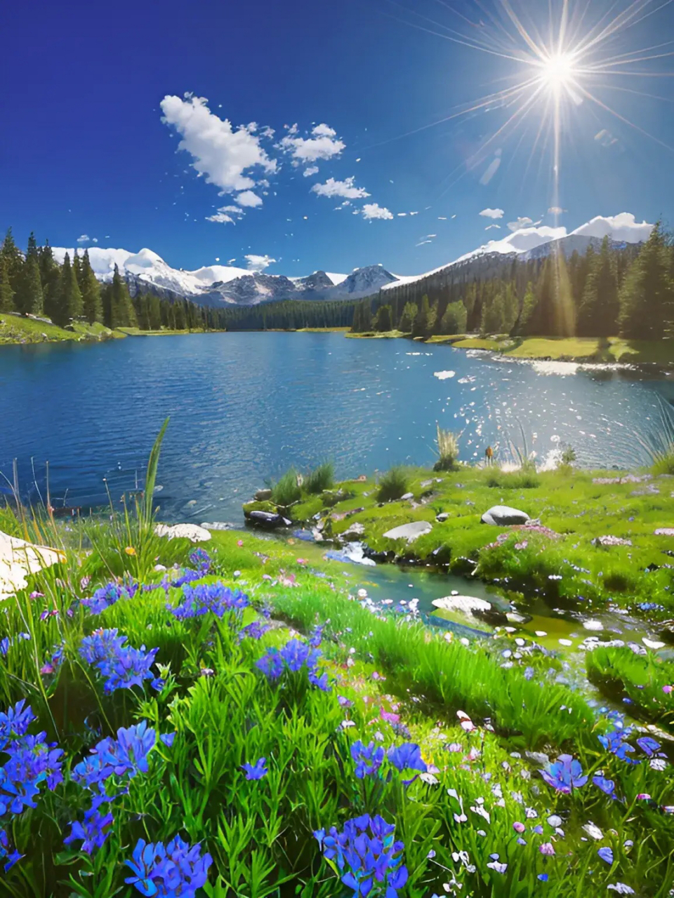 在一片蓝天之下,阳光洒落在大地上,照在宁静的湖面上,仿佛把整个世界