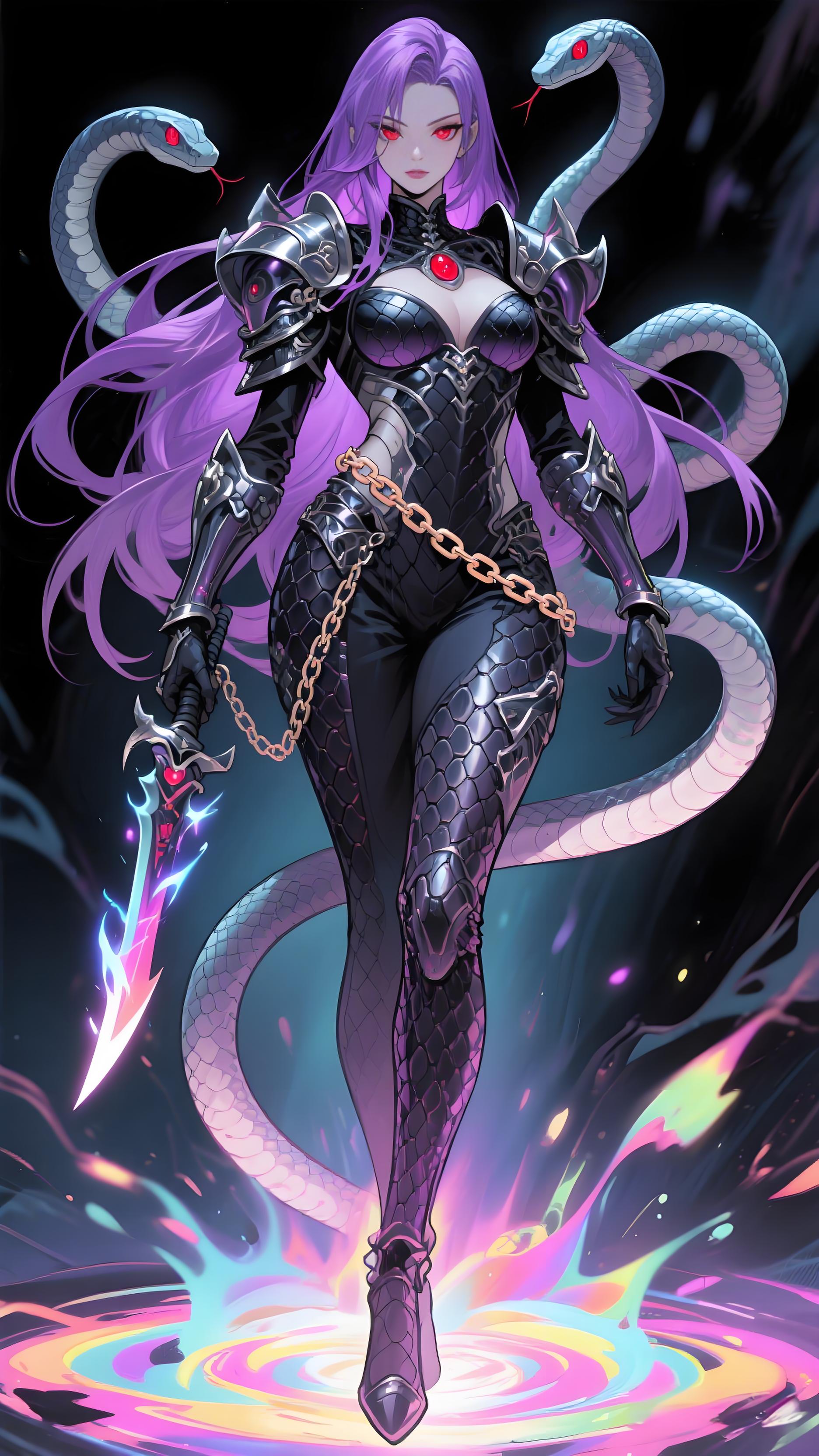 这紫发女战士好霸气,手持长剑,背后蛇纹好酷,简直是动漫里的女神降临!