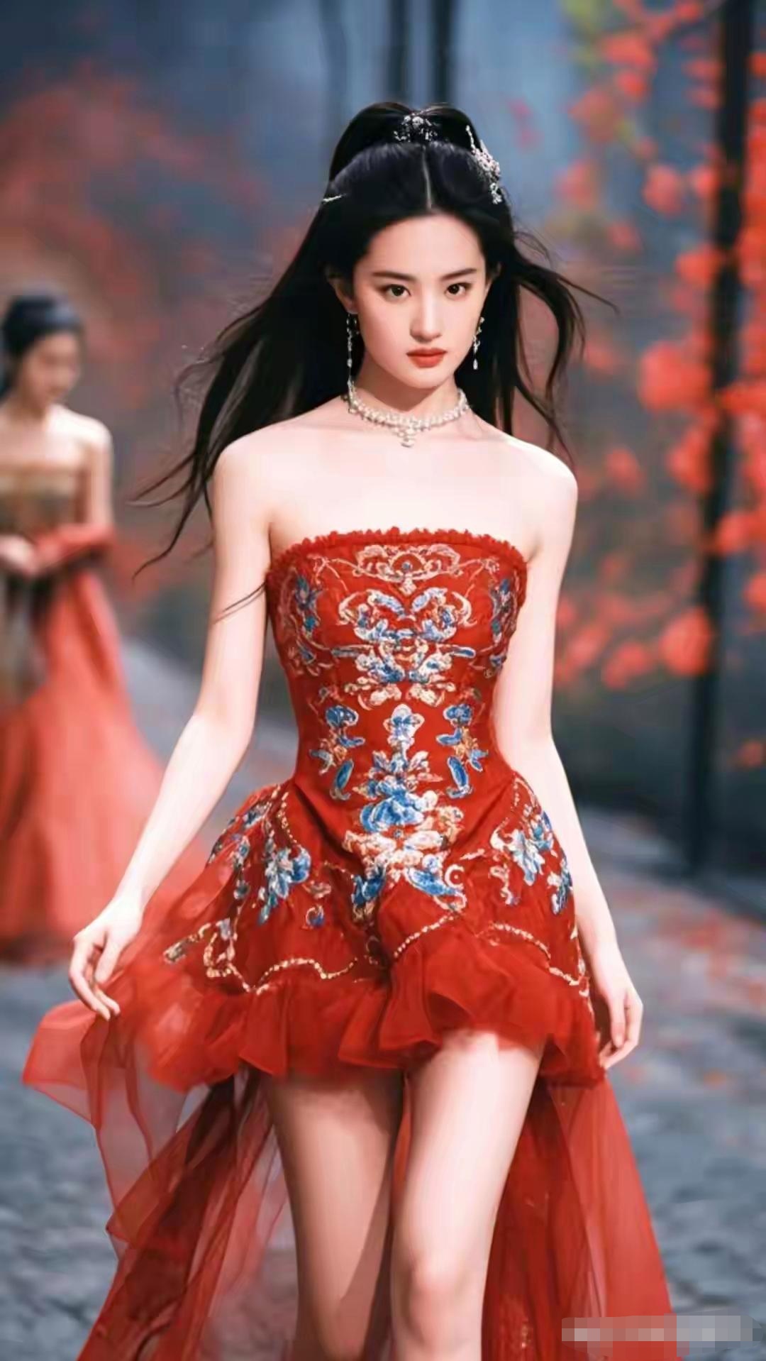 抹胸裙上半身修身,刘亦菲穿上去格外肤白貌美,自腰部往下是宽大的纱