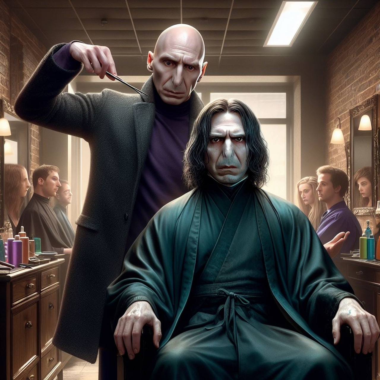 伏地魔开了一家理发店要给斯内普做发型,先要求斯内普洗头.#哈利波特