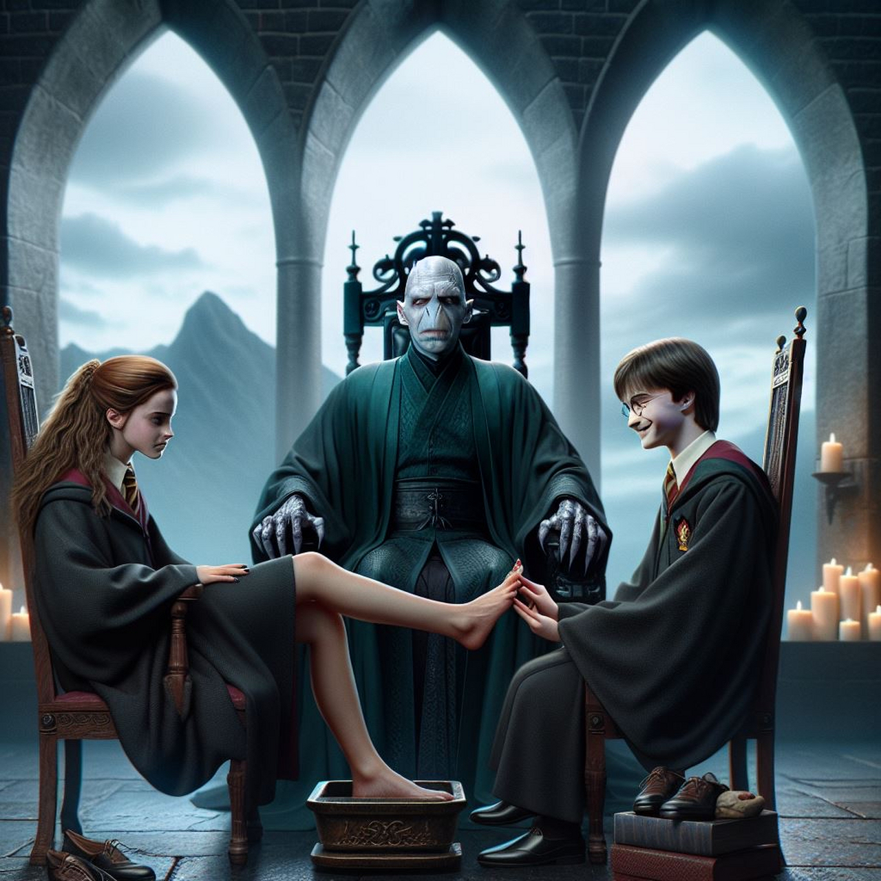 伏地魔是修脚大师,哈利·波特是他的学徒,大师悠闲的坐在一旁,指导