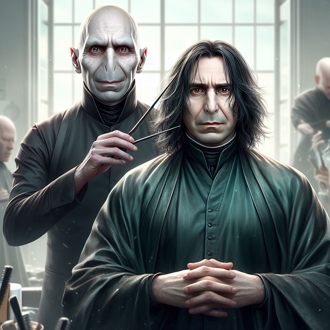 伏地魔开了一家理发店要给斯内普做发型,先要求斯内普洗头.#哈利波特