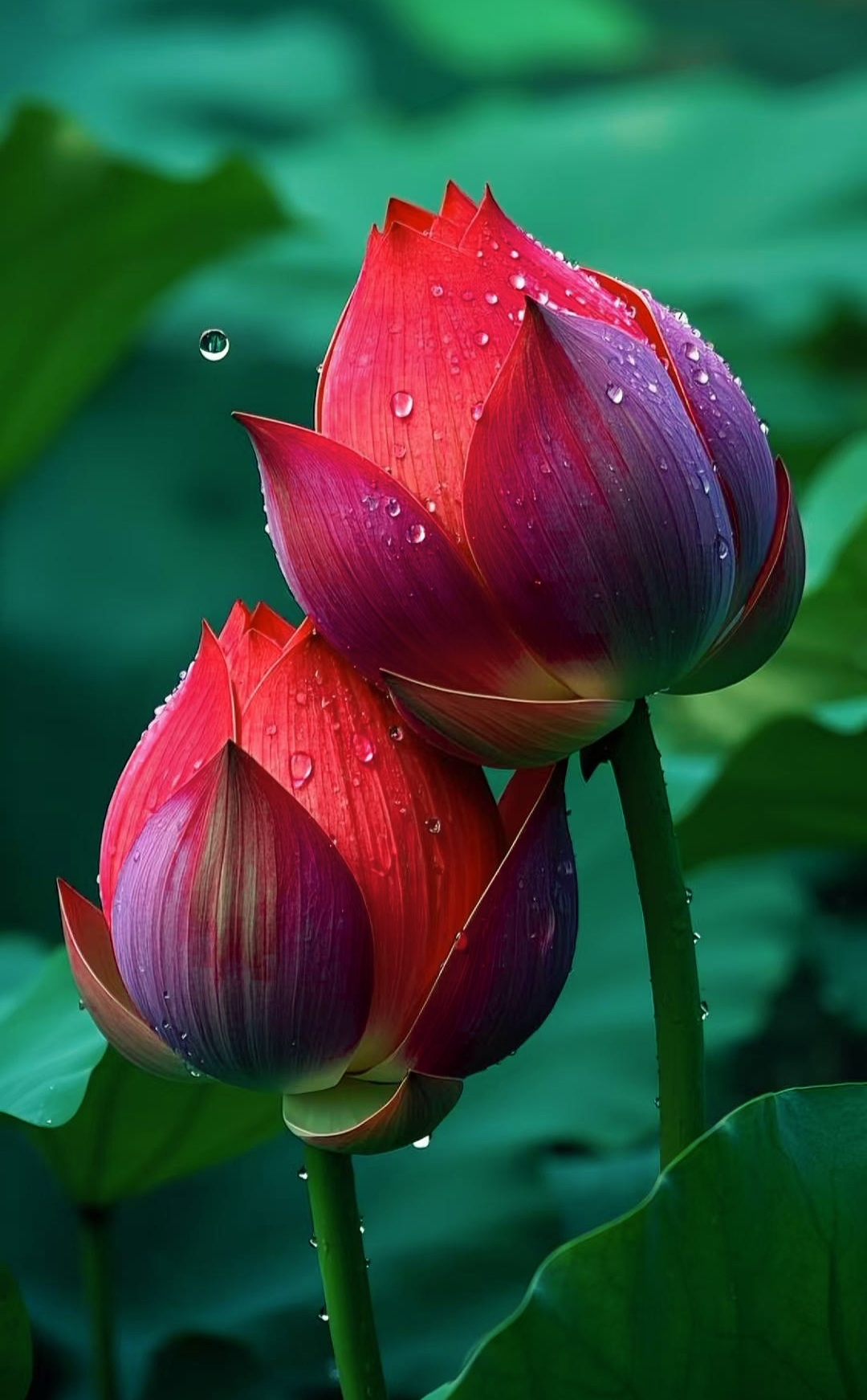 雨滴轻吻着两朵并肩绽放的莲花,美得就像梦中的江南