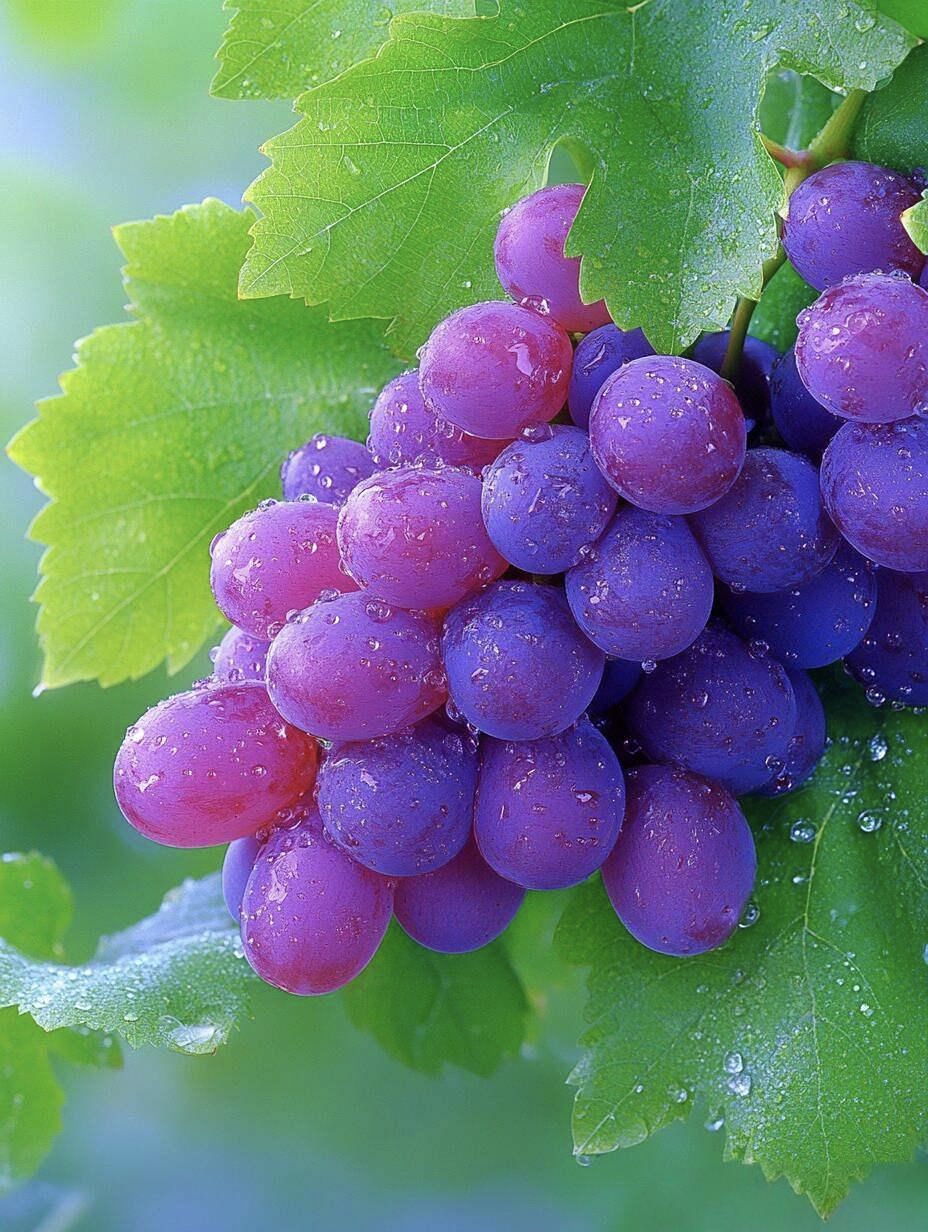 清晨的露珠闪耀在红葡萄上,仿佛大自然自己的珍珠项链