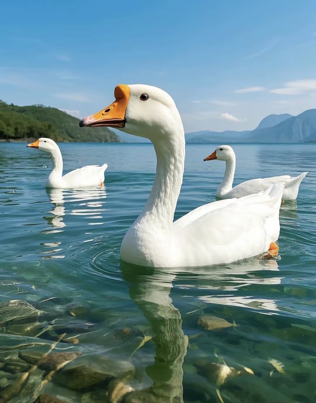 湖面上的鹅儿游啊游,生活就是这般惬意