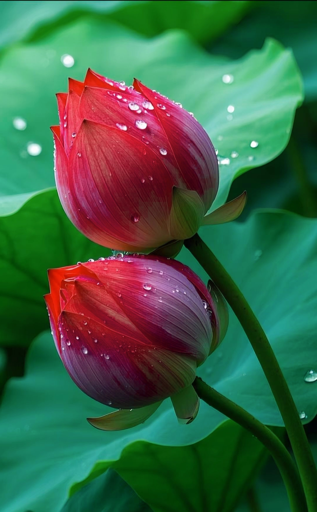 雨滴轻吻着两朵并肩绽放的莲花,美得就像梦中的江南