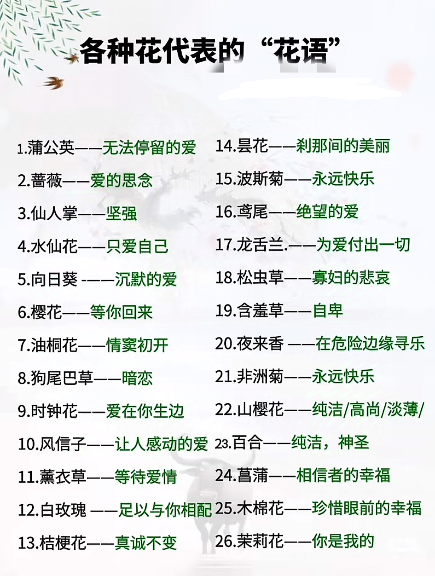 蔷薇-一爱的念 3.仙人掌-坚强4.水仙花-只爱自己5.