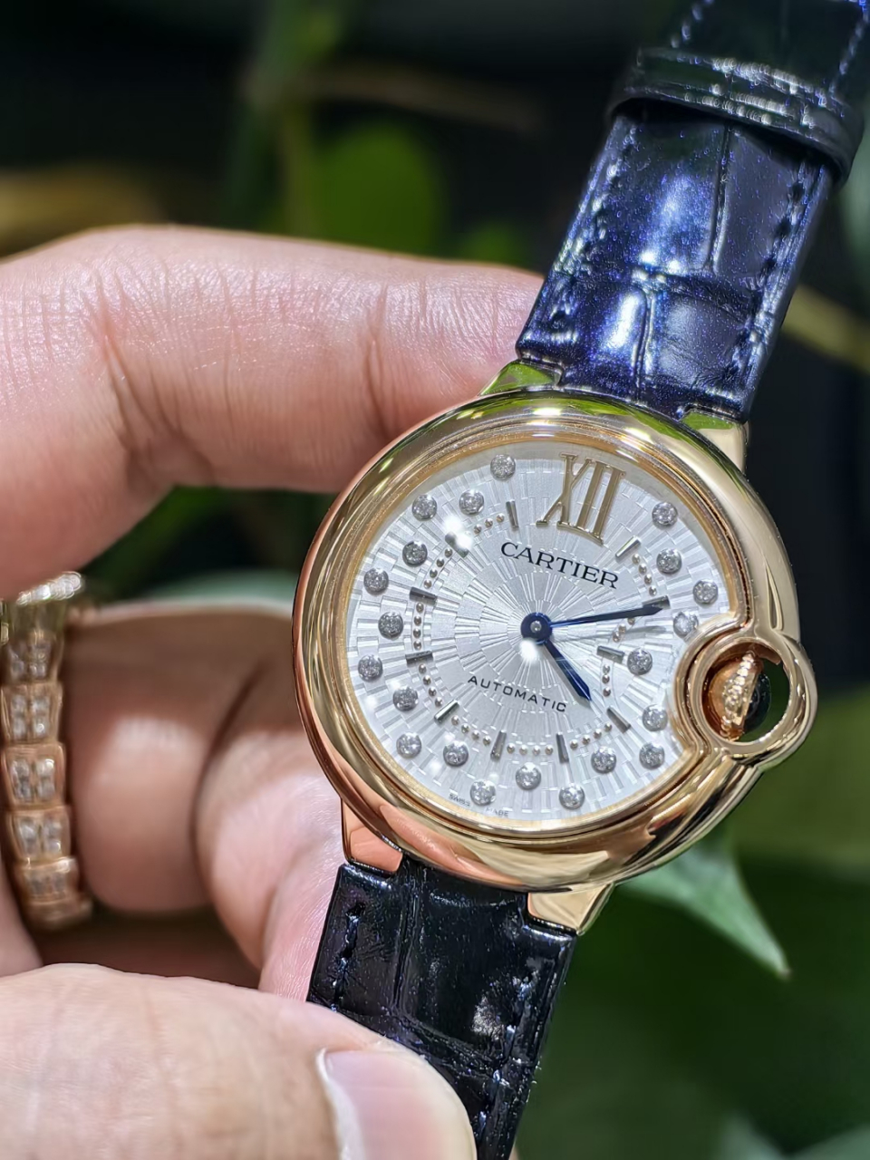 刚到极品卡地亚蓝气球女女士机械腕表 型号wgbb0052 33玫瑰金表盘内镶