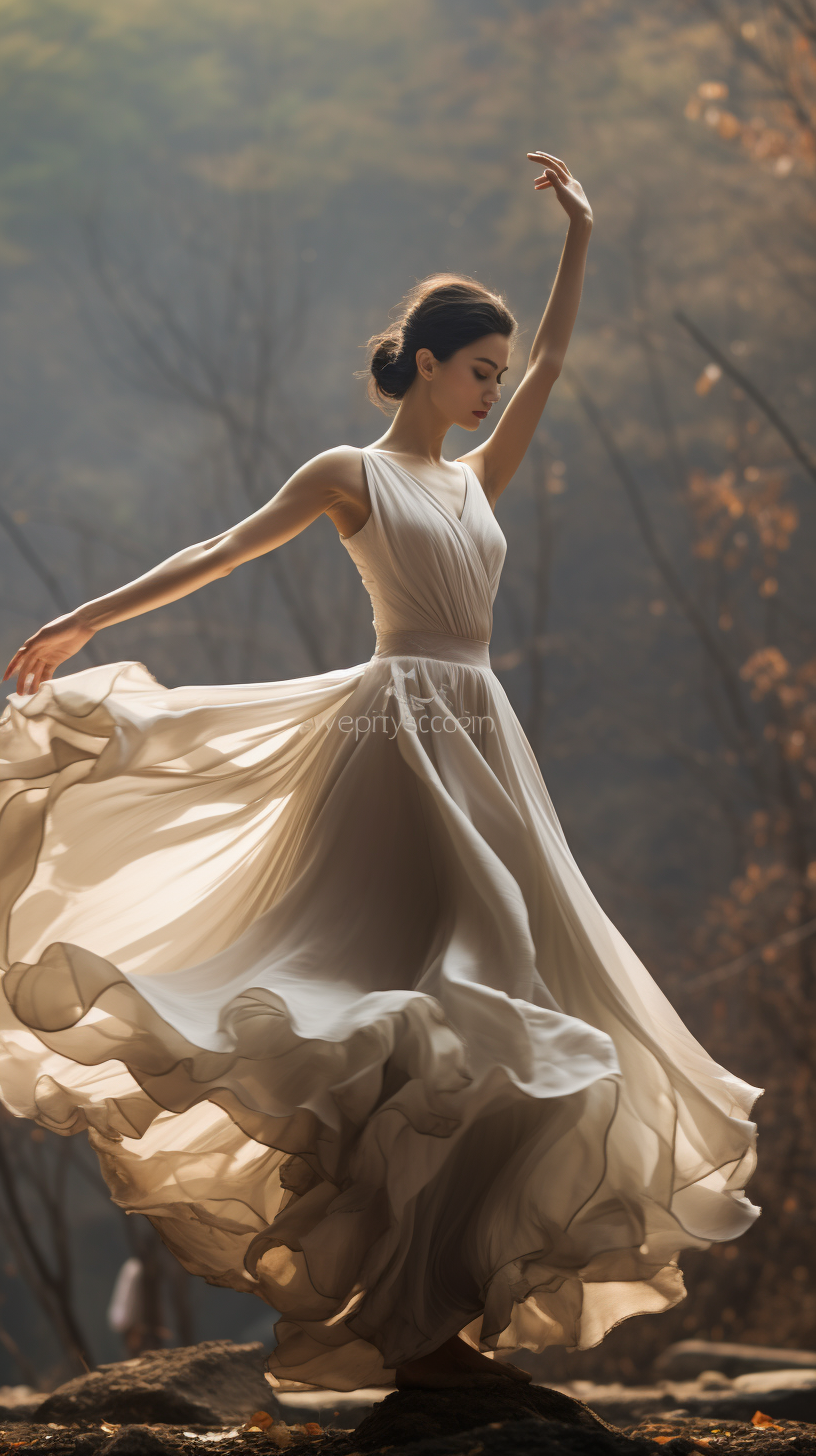 翠绿的山林间,一位身着白色长裙的女子正在起舞.