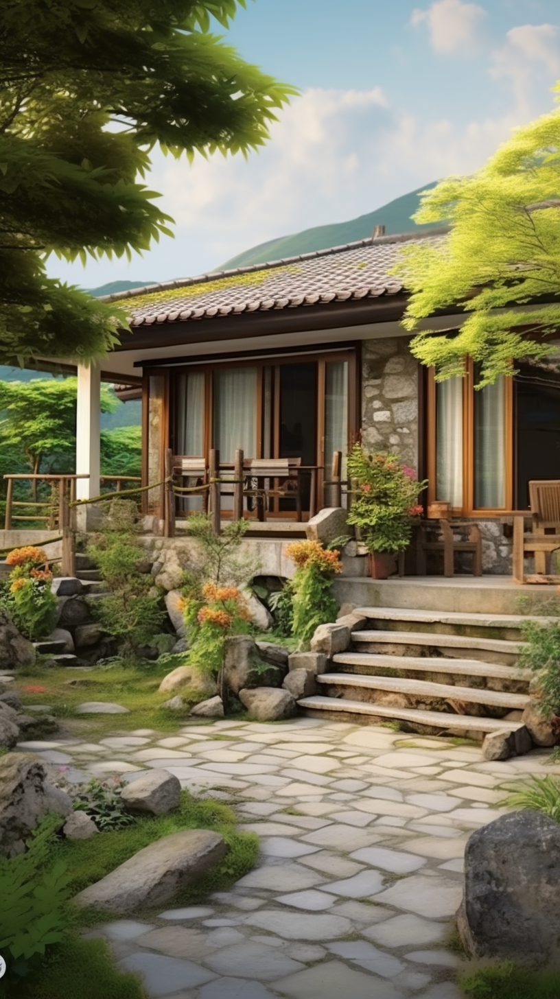 看,这座日式小屋,仿佛是世外桃源一般,周围的绿树和石头,都诉说着岁月