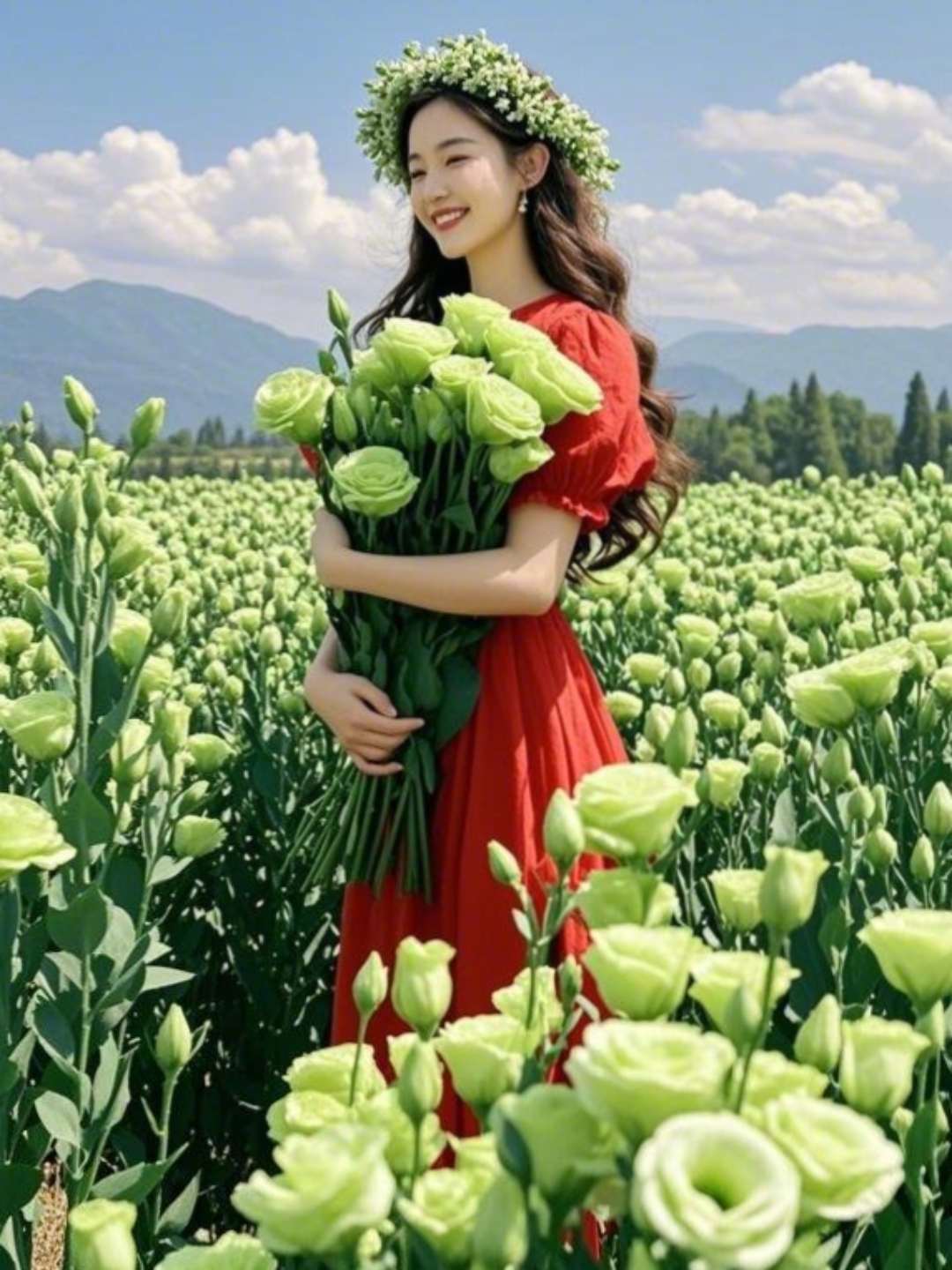 在花海中漫步,她手捧着一束绿意盎然的鲜花,笑容如花般绽放