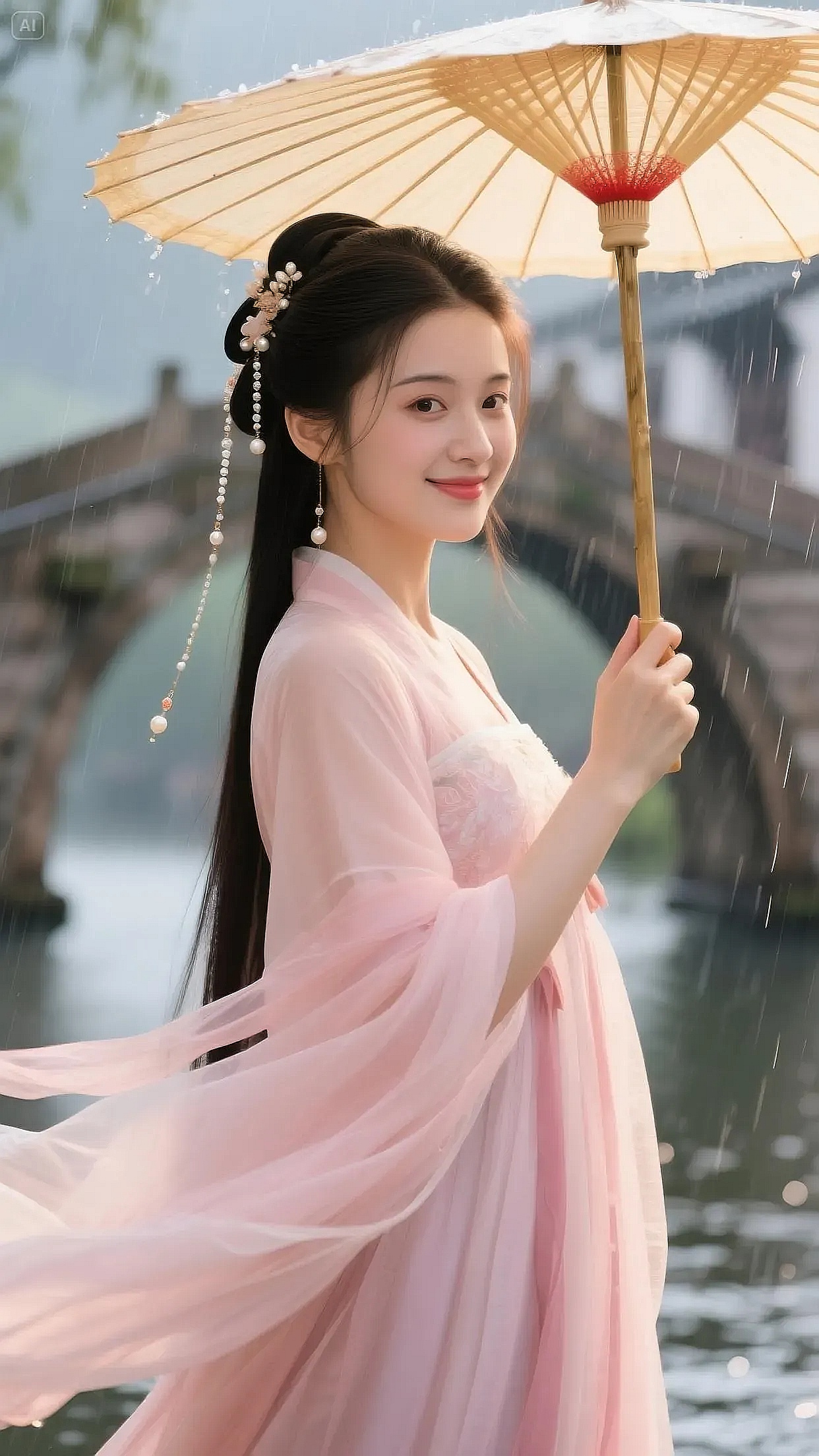 发间珠饰微晃,笑意点亮水乡,似从古典诗画走出,把江南的温婉,晕染成