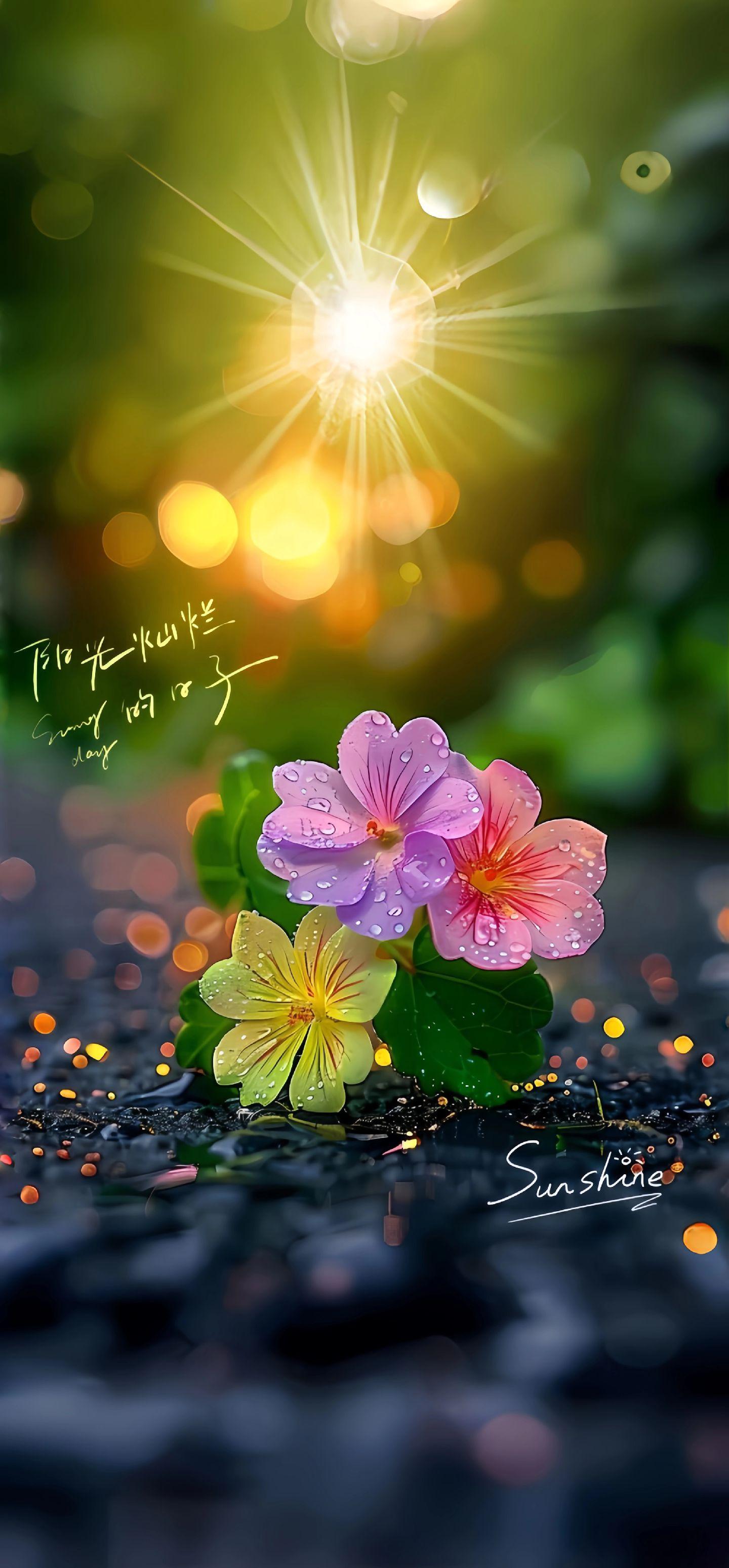 雨后花园,花儿沐浴阳光,清新绽放.