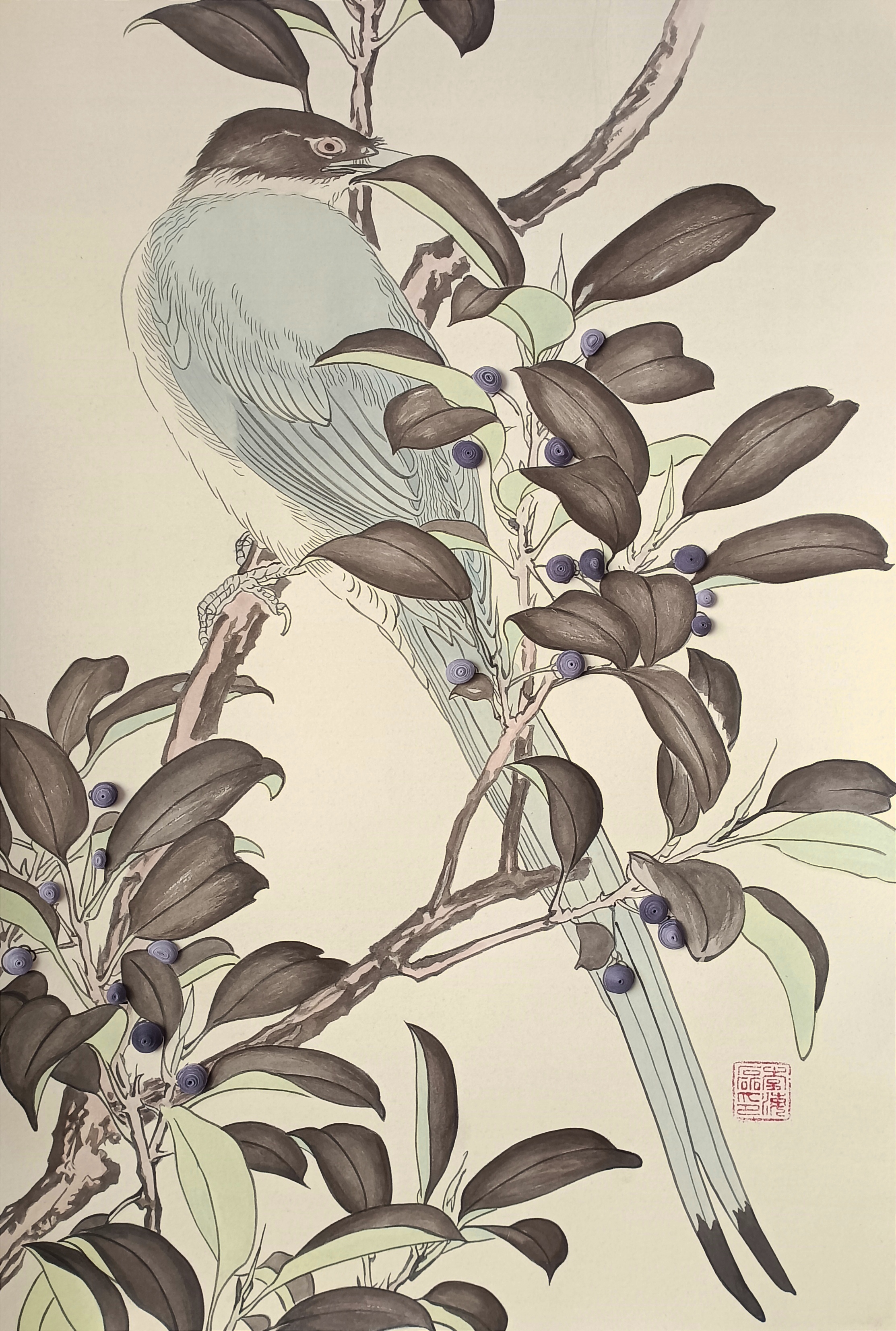  刚刚完成的手绘浮世绘花鸟