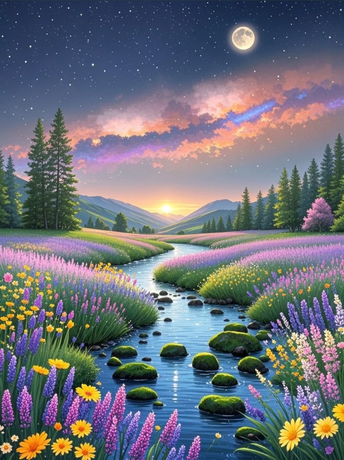 愿这片梦幻的花海和璀璨的星空,为你带来无尽的遐想与安宁