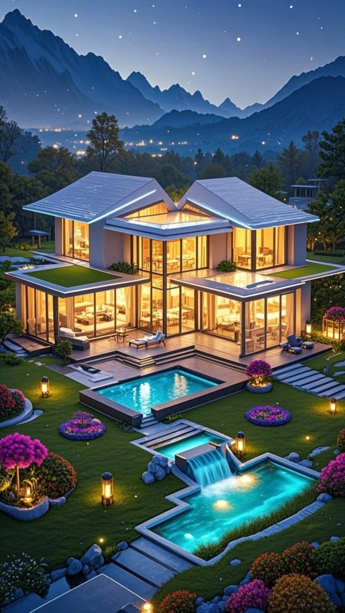 当夜幕降临,繁星闪烁,别墅的灯光次第亮起,暖黄的光芒透过宽敞明亮的