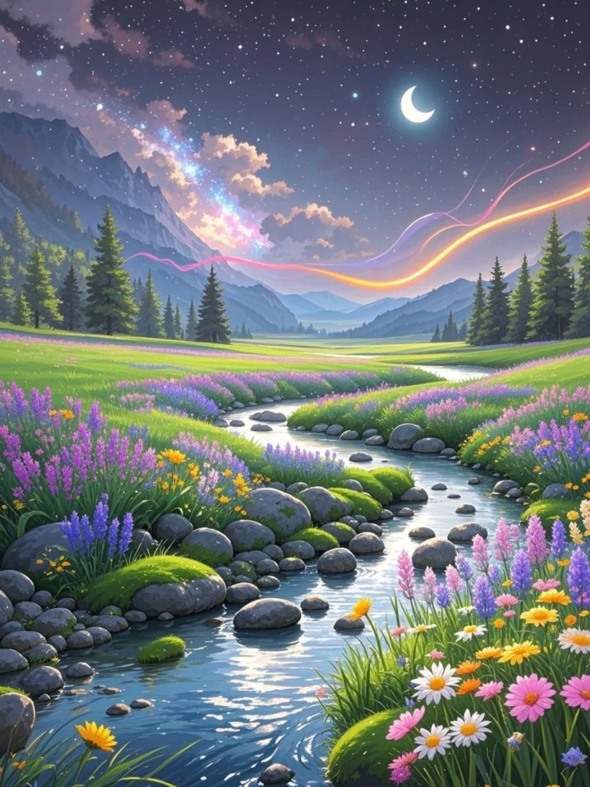 愿这片梦幻的花海和璀璨的星空,为你带来无尽的遐想与安宁