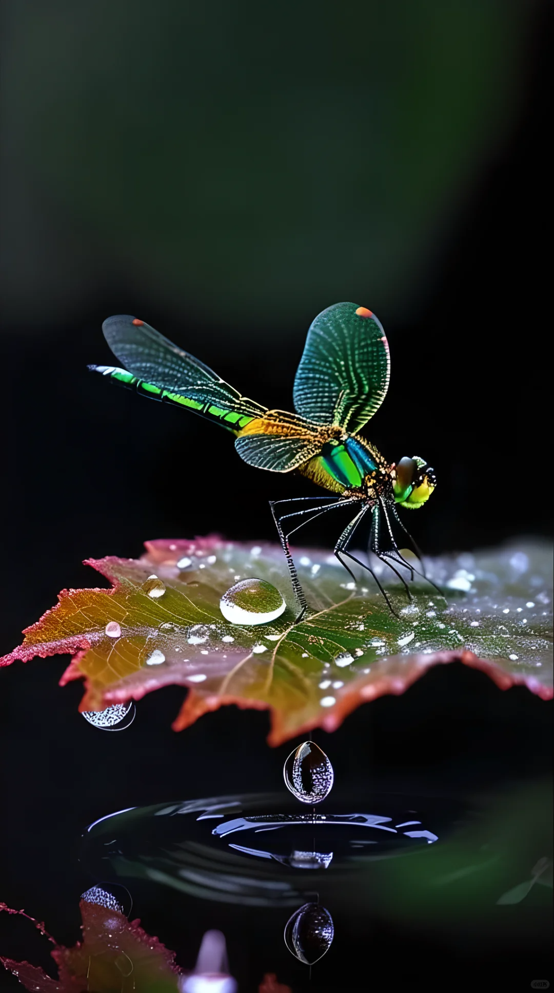 这小蜻蜓,停在叶尖上轻轻歇脚,翅膀绿蓝相间,美得让人心动.