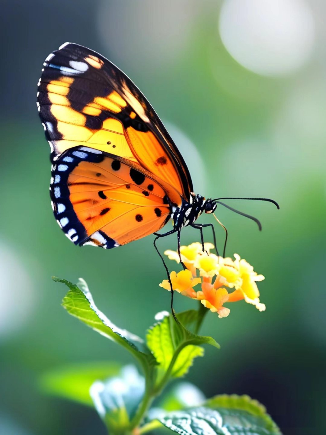 看这只蝴蝶,轻轻落在小黄花上,翅膀上黑橙相间,触角轻触花蕊.