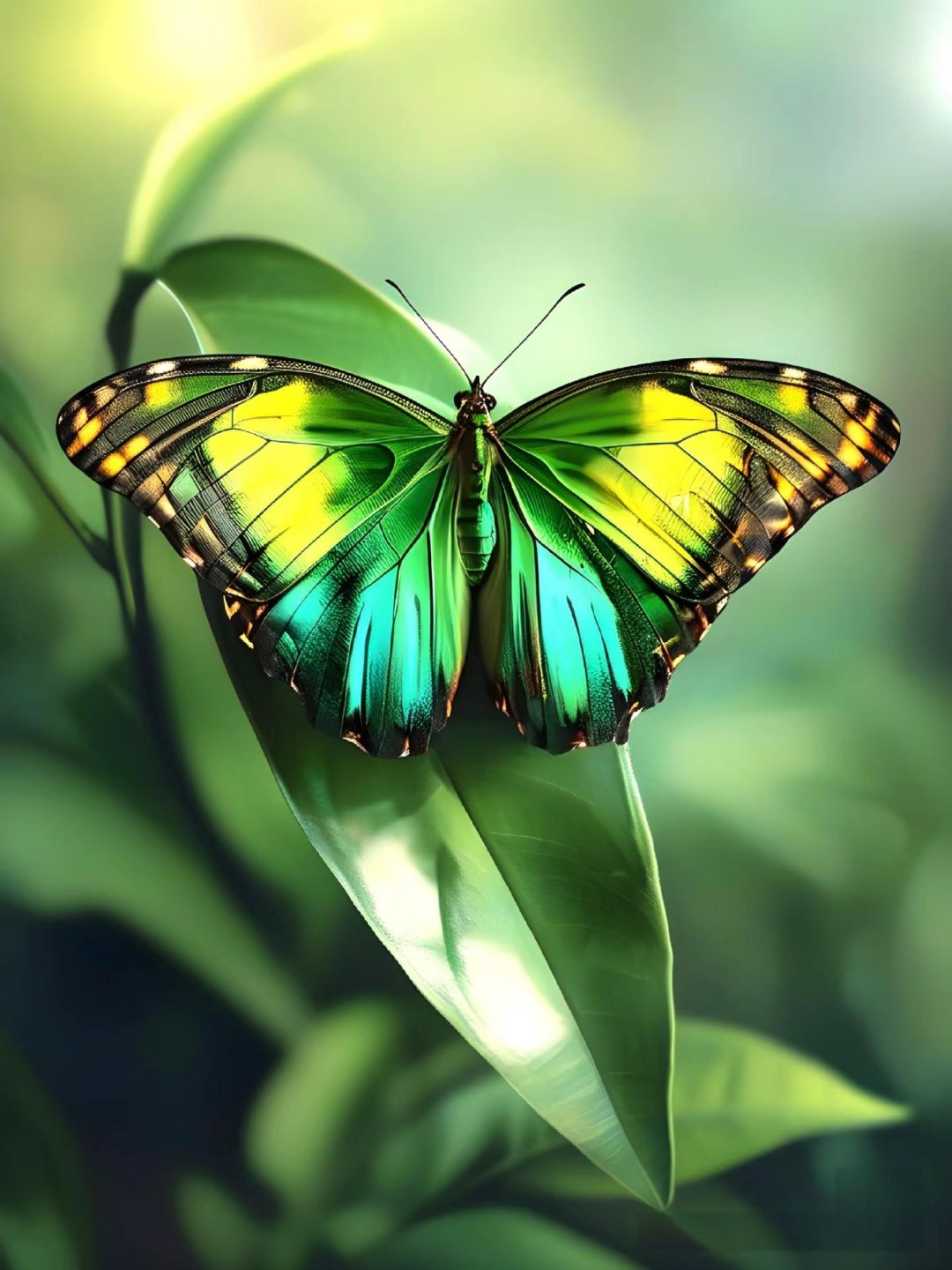 这只蝴蝶太美了!五彩斑斓的翅膀,停在绿叶上,就像春天派来的小精灵.