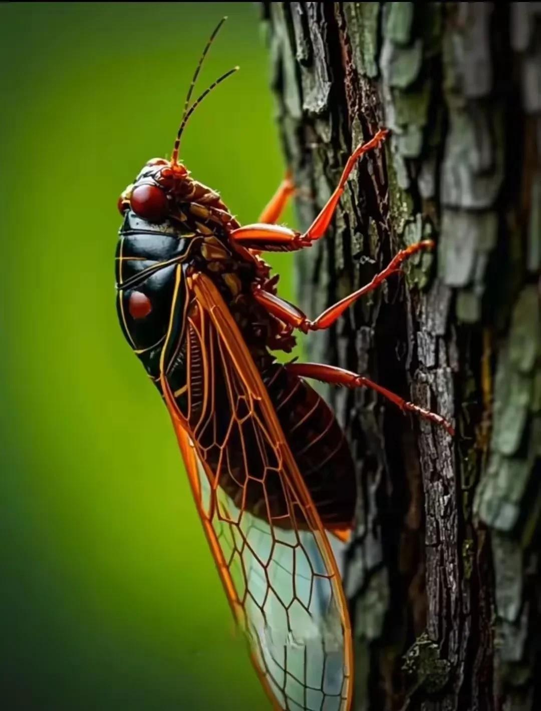 这只蝉,红黑翅膀真亮眼,棕色身体长腿显.