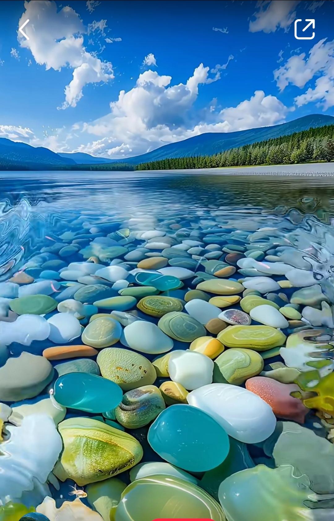 湖边漫步,心醉于水中五彩斑斓的石头,仿佛是大自然的调色盘.